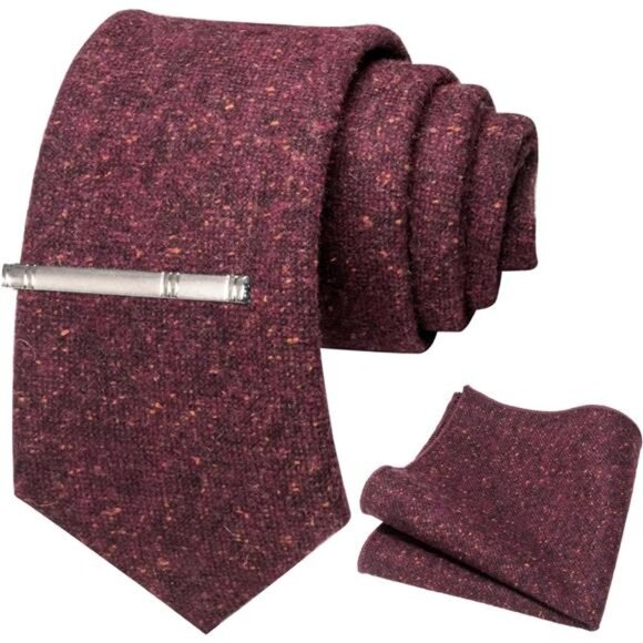 Solid Color Cashmere Wool Necktie and Pocket Square Tie Clip Sets for Men - Picture 2 of 6